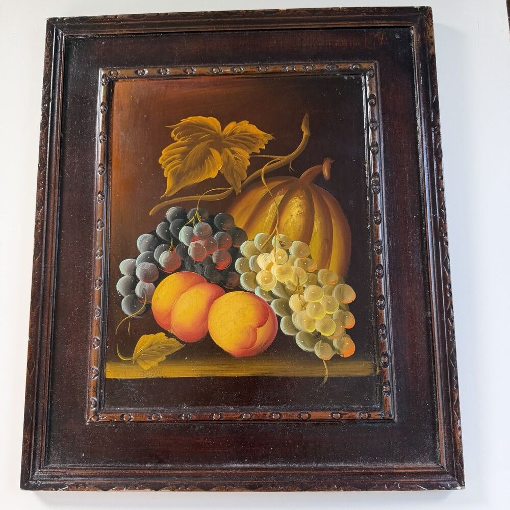 Vintage Oil Still Life Painting – Grapes, Peaches & Pumpkin in Dark Wood Frame